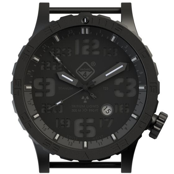 Hazard 4 Heavy Water Diver Titanium Blackout GMT-Armbanduhr mit Tritium-Lichtquelle Schwarz/Blau/Rot