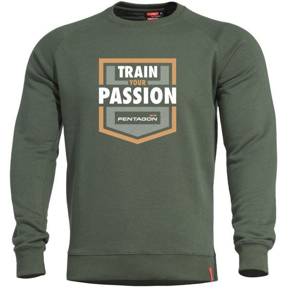 Pentagon Hawk Sweatshirt mit Aufschrift „Train your Passion“ Camo Green