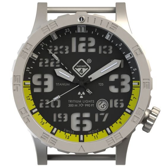 Hazard 4 Heavy Water Diver Titanium BlackTie GMT-Armbanduhr mit Tritium-Lichtquelle Gelb/Grün/Gelb