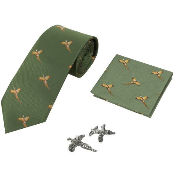 Jack Pyke Geschenk-Set aus Krawatte, Taschentuch und Manschettenknöpfen im Fasan-Design Grün
